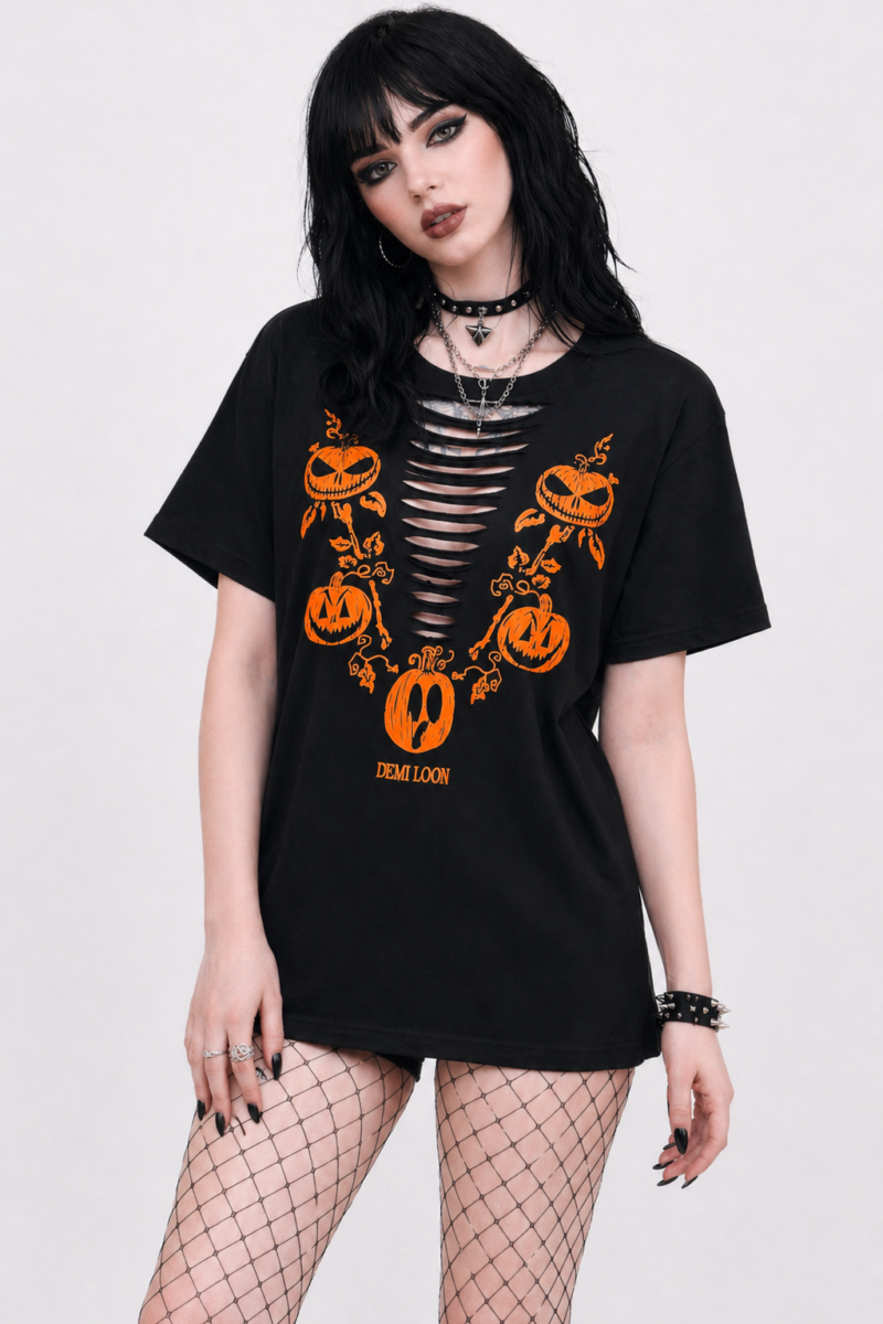 Pumpkin Halloween Double Slashed SS Boyfriend Tee