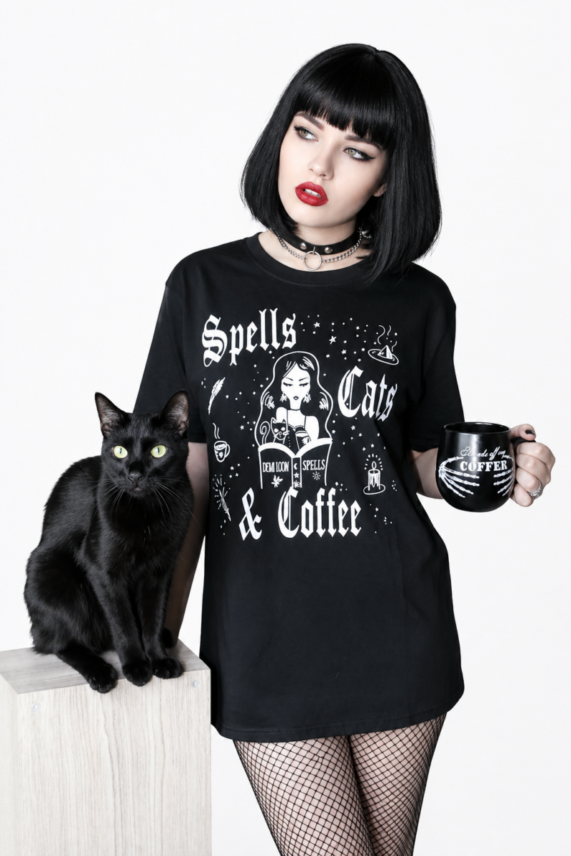 Spells Cats & Coffee Graphic Gothic Tee
