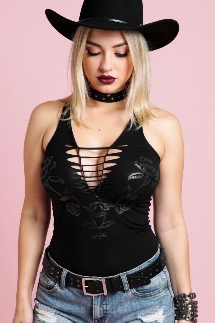 The Black Rose Crochet Neckline Gothic Tank